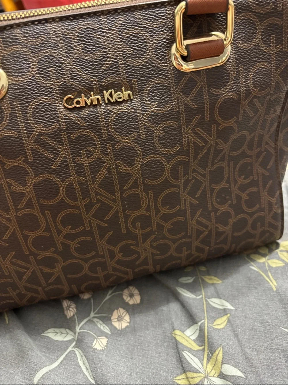 Calvin Klein Brown Monogram Zipper Handbag with Tan Handles and Gold Hardware